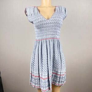 Max Cotton Smocked Fit Flare Dress Womens S Blue Geometric Cap Sleeve Mini Boho